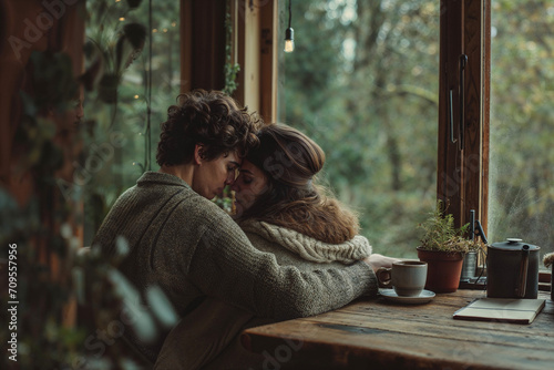 young loving couple cosy at home cabin in the woods winter forest views