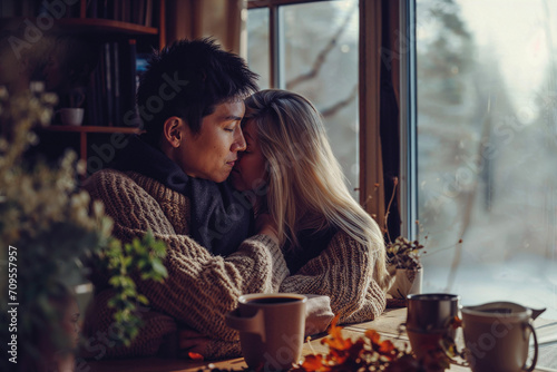 young loving couple cosy at home cabin in the woods winter forest views