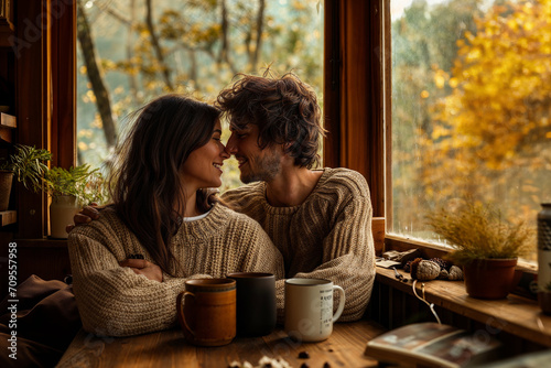 young loving couple cosy at home cabin in the woods winter forest views