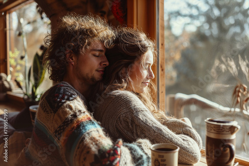 young loving couple cosy at home cabin in the woods winter forest views