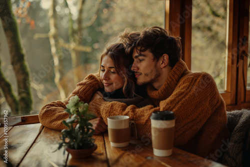 young loving couple cosy at home cabin in the woods winter forest views