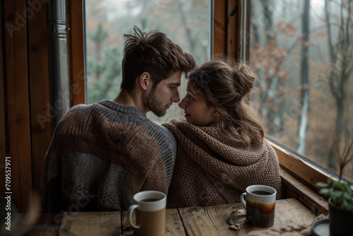 young loving couple cosy at home cabin in the woods winter forest views