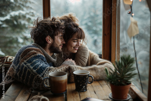 young loving couple cosy at home cabin in the woods winter forest views