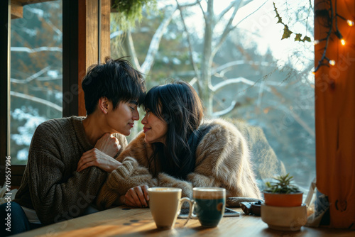 young loving couple cosy at home cabin in the woods winter forest views