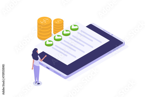 Isometric Approved credit bill, Payment approved concept. Vector illustration.