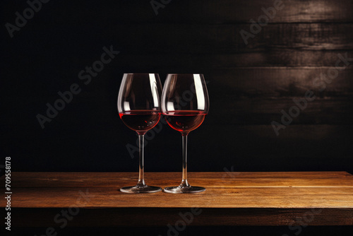 Two glasses of red wine on wooden table over dark wooden background.