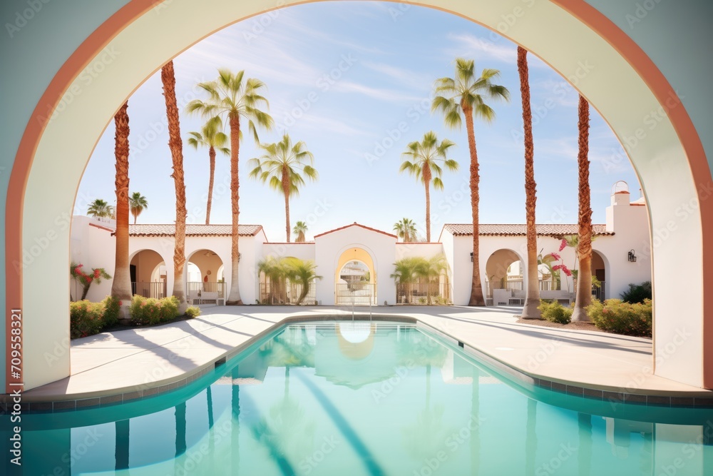 reflecting pool with stucco arches and palm trees
