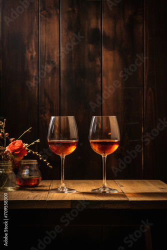 Two glasses of rose wine on a wooden table. .