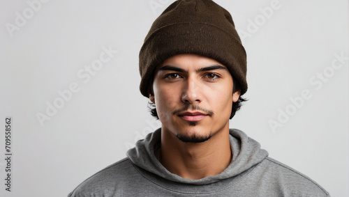 young man wearing a beanie on a white background
