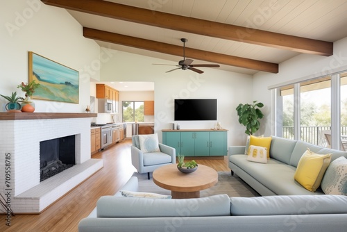 living room with exposed beams and ranch view