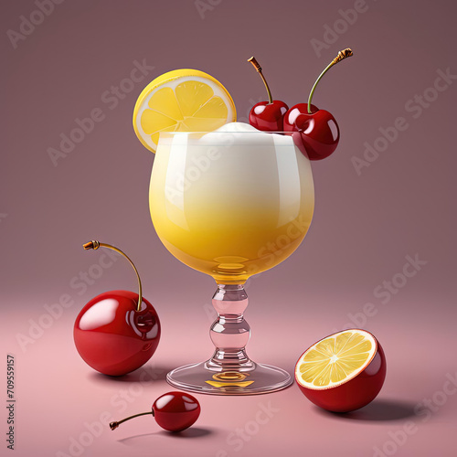 Flat pop illustration of Whiskey Sour with cherry and frothy egg white on vibrant gradient background Gen AI photo