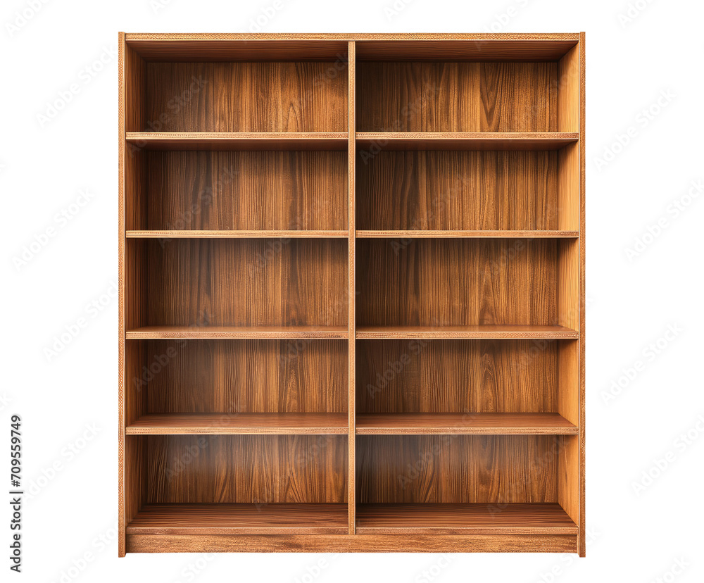 Empty wooden bookshelves isolated on transparent background Empty wooden bookshelves isolated on transparent background