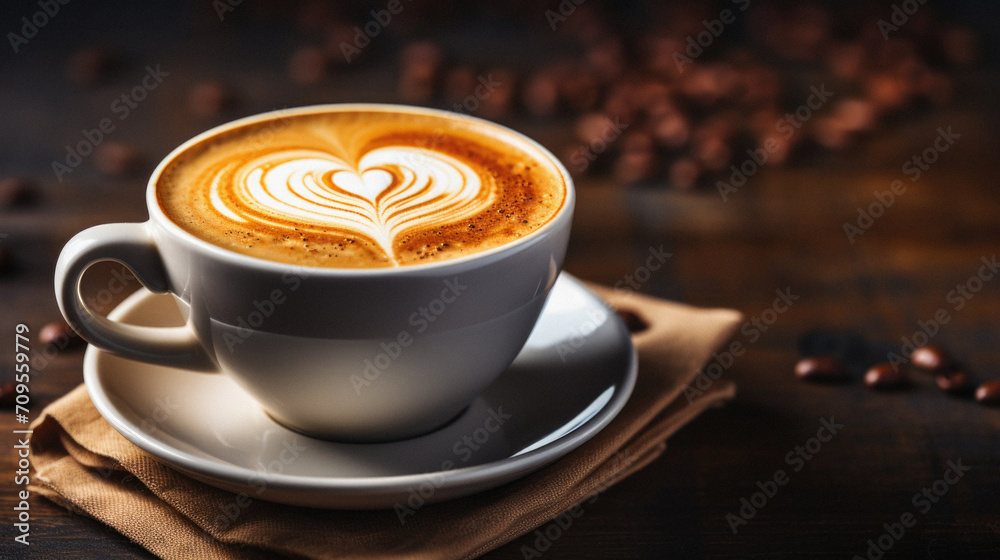 Coffee cup with latte art on wooden table background. Coffee cup with latte art on wooden table background.