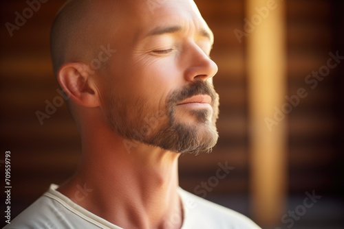 profile of instructor meditating with eyes closed, serene setting