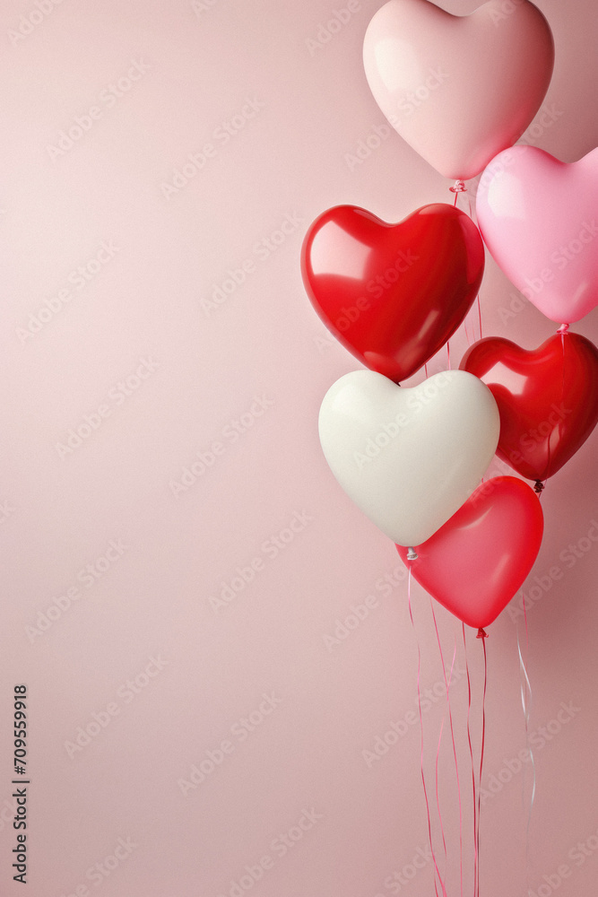 Valentine's day background with red and white heart-shaped balloons.
