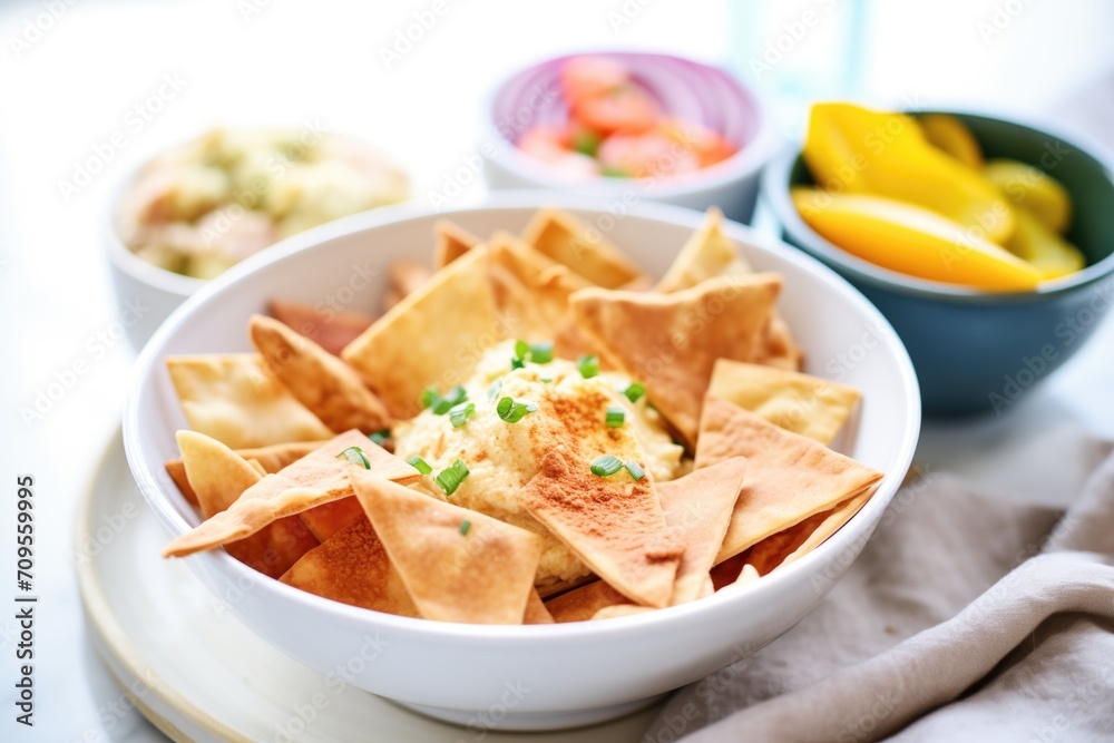 baked pita chips in bowl with side of garlic hummus