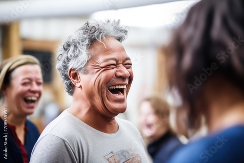 actor laughing with castmates in rehearsal