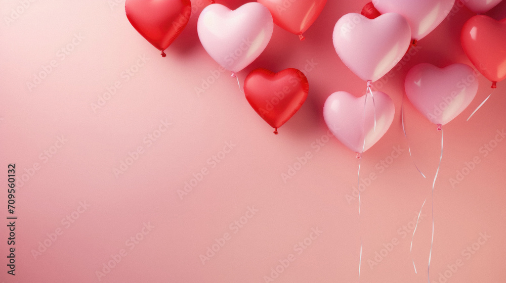 Valentine's day background with heart-shaped balloons on pink background.
