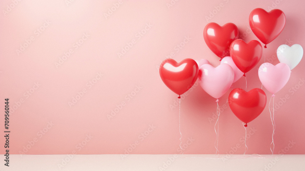 Valentine's day background with heart shaped balloons on pink background.