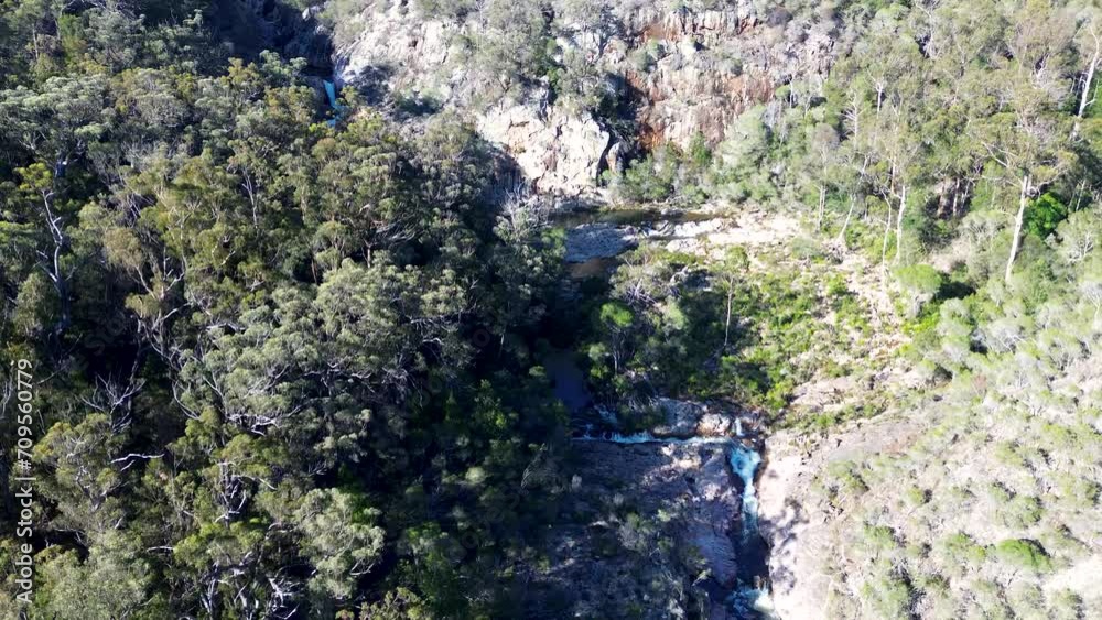Drone aerial landscape shot of river system waterfall bushland National Park Nethercote Eden Bega Valley South Coast Australia Drone aerial landscape shot of river system waterfall bushland National Park Nethercote Eden Bega Valley South Coast Australia