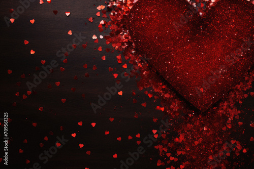 Valentines day background with red hearts on dark wooden board.