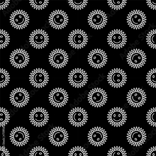 Funny Flower with Cute Smiling Face vector Hippie style dark seamless pattern in thin line style