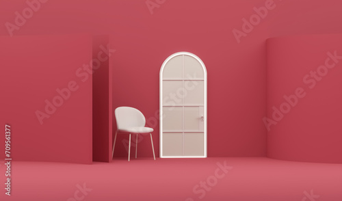 White arch door with white chair on red pink background. Advertisement idea. Creative composition. 3d render, social media and sale concept 