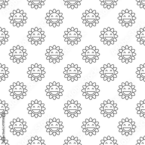 Geometric Groovy cirlce-shaped Flower vector outline seamless pattern