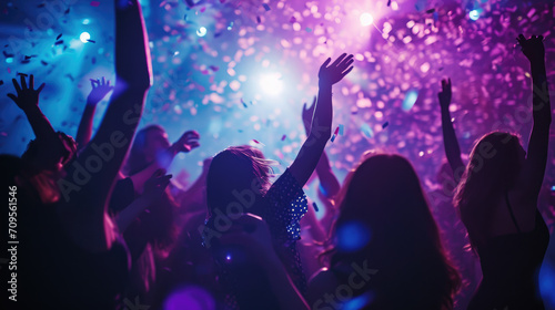 Dynamic scene of people dancing and celebrating at a party or club with confetti in the air and colorful lights in the background.