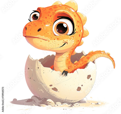 Cartoon Baby Dinosaur Hatching From Egg isolated on transparent background. PNG