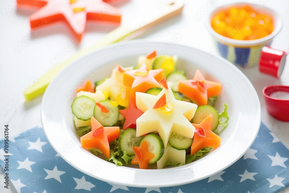 kid-friendly cactus salad with slices of bell pepper in the shape of stars kid-friendly cactus salad with slices of bell pepper in the shape of stars
