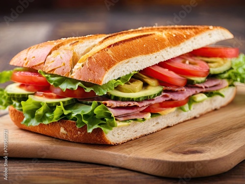 A tasty and good looking perfect oily sandwich, background table is any color your choice generative ai