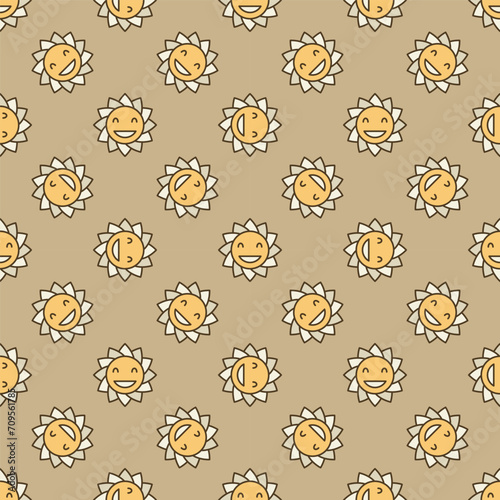 Hippie Smiling Flower vector Groovy Style colored seamless pattern