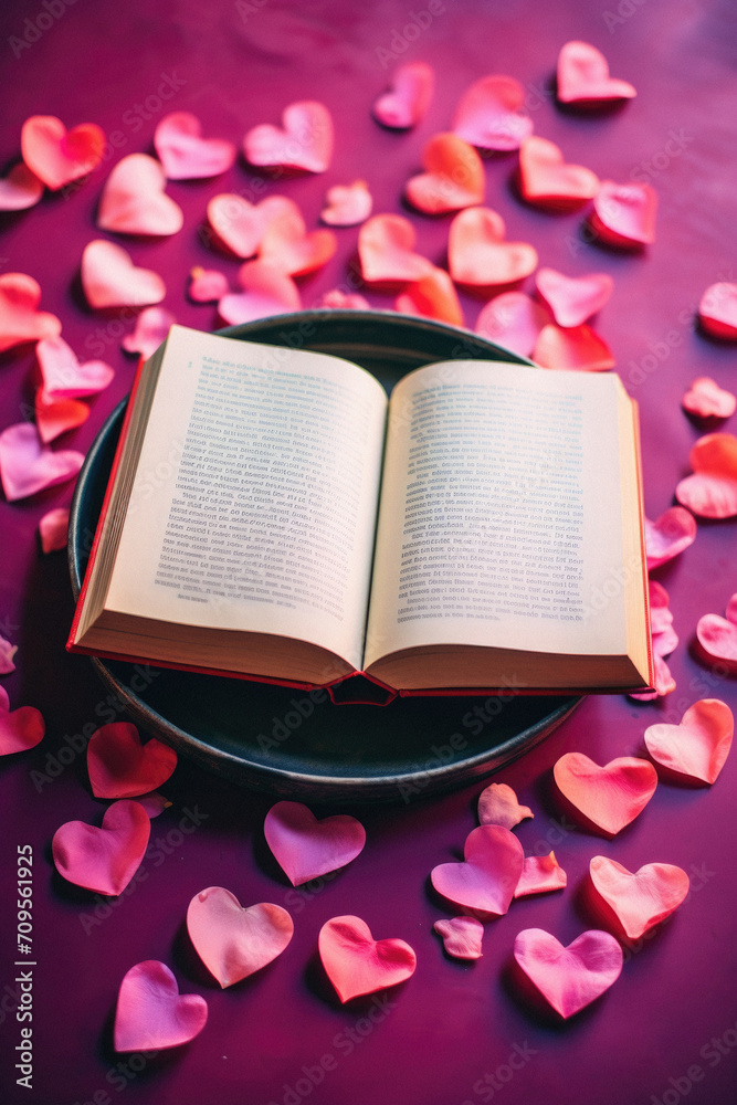 Open book and red hearts on a pink background. Valentine's Day.