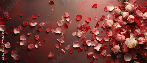 Rose petals on dark red background with copy space for text.