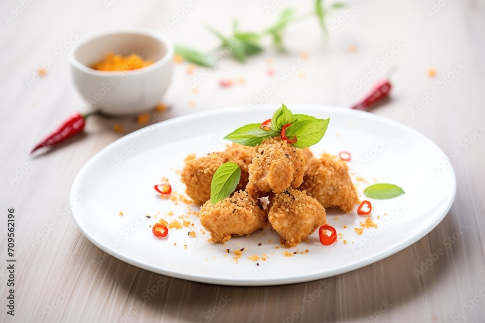 spicy breaded nuggets with chili flakes, white plate spicy breaded nuggets with chili flakes, white plate