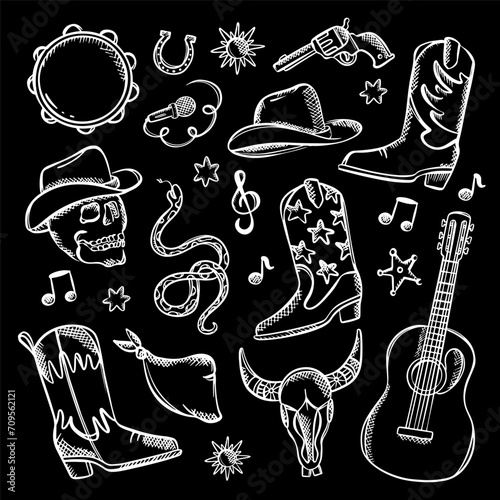 COUNTRY FEST Monochrome Western Music Symbols Vector Set Musical Set Of Bright Clip Art Cowboy Boots And Hat Colt Guitar Tambourine And Bull's Skull Vector