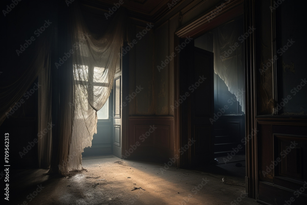 Horror, fantasy, interior concept. Scary, very old, dusty and abandoned house with stairs, wooden walls and window. White material like ghost levitating in empty corridor - obrazy, fototapety, plakaty 