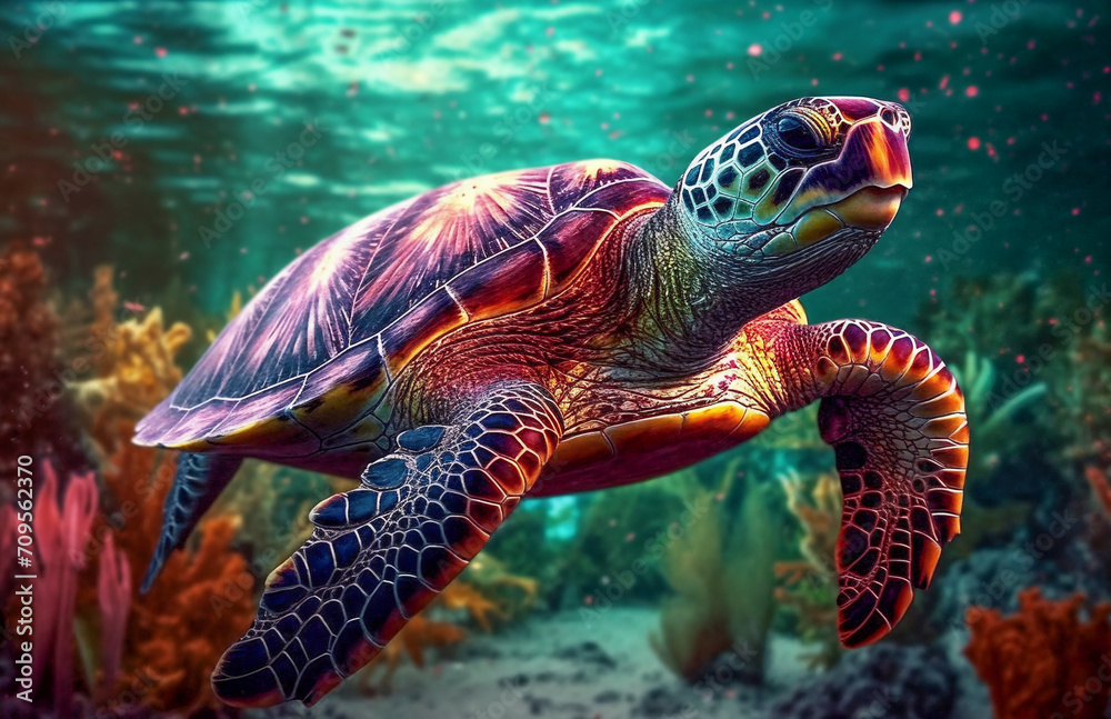 Fototapeta premium a turtle swimming in the ocean with corals and algaes around it's sides and a bright green background, generative ai