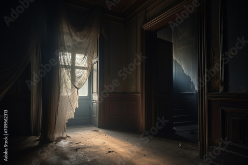 Horror  fantasy  interior concept. Scary  very old  dusty and abandoned house with stairs  wooden walls and window. White material like ghost levitating in empty corridor