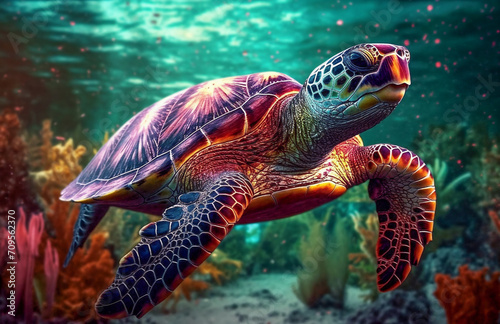 a turtle swimming in the ocean with corals and algaes around it's sides and a bright green background, generative ai © AiArtVision