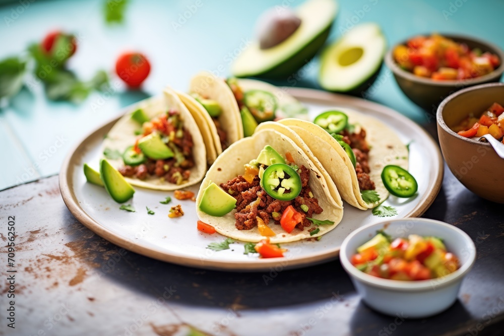 chorizo tacos with avocado slices and red chili flakes chorizo tacos with avocado slices and red chili flakes