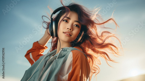 Beautiful young asian woman listening to music with headphones at sunset photo