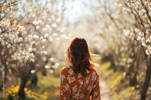 Woman in the cherry garden walking among the blooming trees