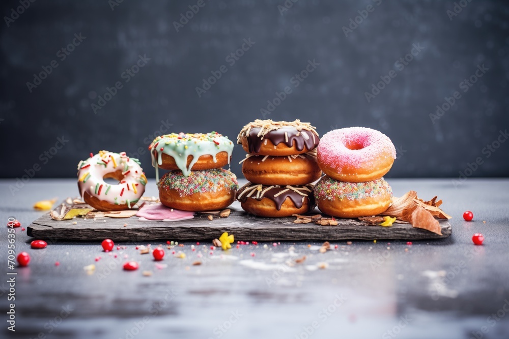 assortment of chocolate donuts on slate