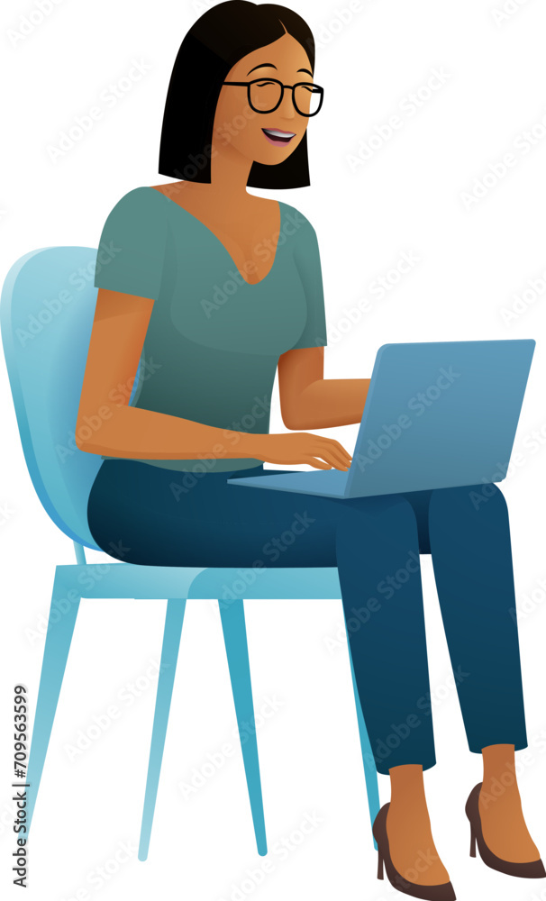 A woman, person, using laptop computer cartoon illustration. Possibly remote working online from home or running a business as an entrepreneur or freelancer. Could also be a college student studying.
