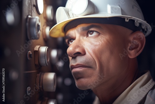 technician with a headlamp examining the elevator overspeed governor photo