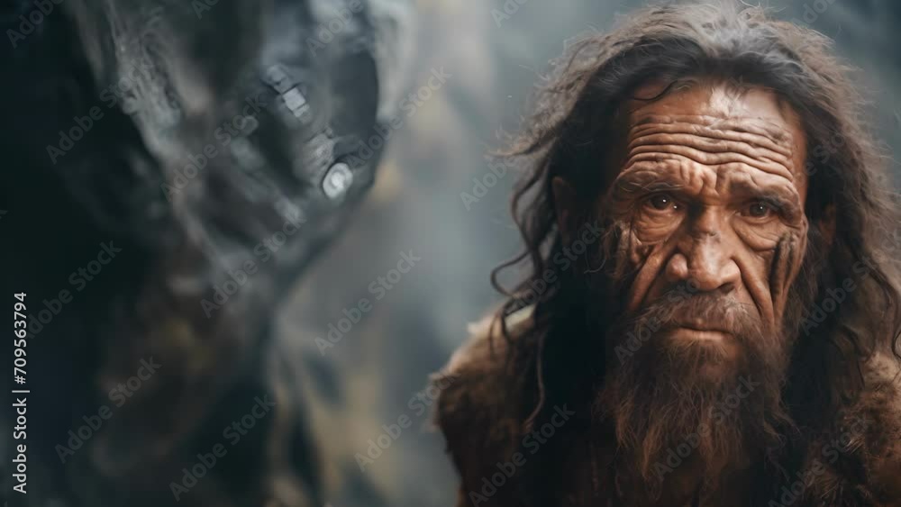 Against a backdrop of ancient cave paintings, a Neanderthal with a pronounced jawline and prominent forehead exudes an air of mystery, as if guarding secret knowledge. Against a backdrop of ancient cave paintings, a Neanderthal with a pronounced jawline and prominent forehead exudes an air of mystery, as if guarding secret knowledge.