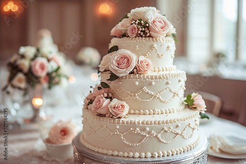 White three-tiered wedding cake with flowers against the background of wall in a banquet hall close-up.