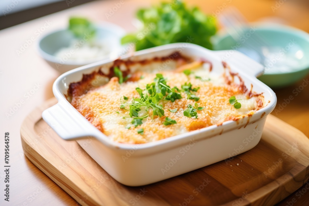 baked lasagna with crispy edges in a ceramic dish baked lasagna with crispy edges in a ceramic dish